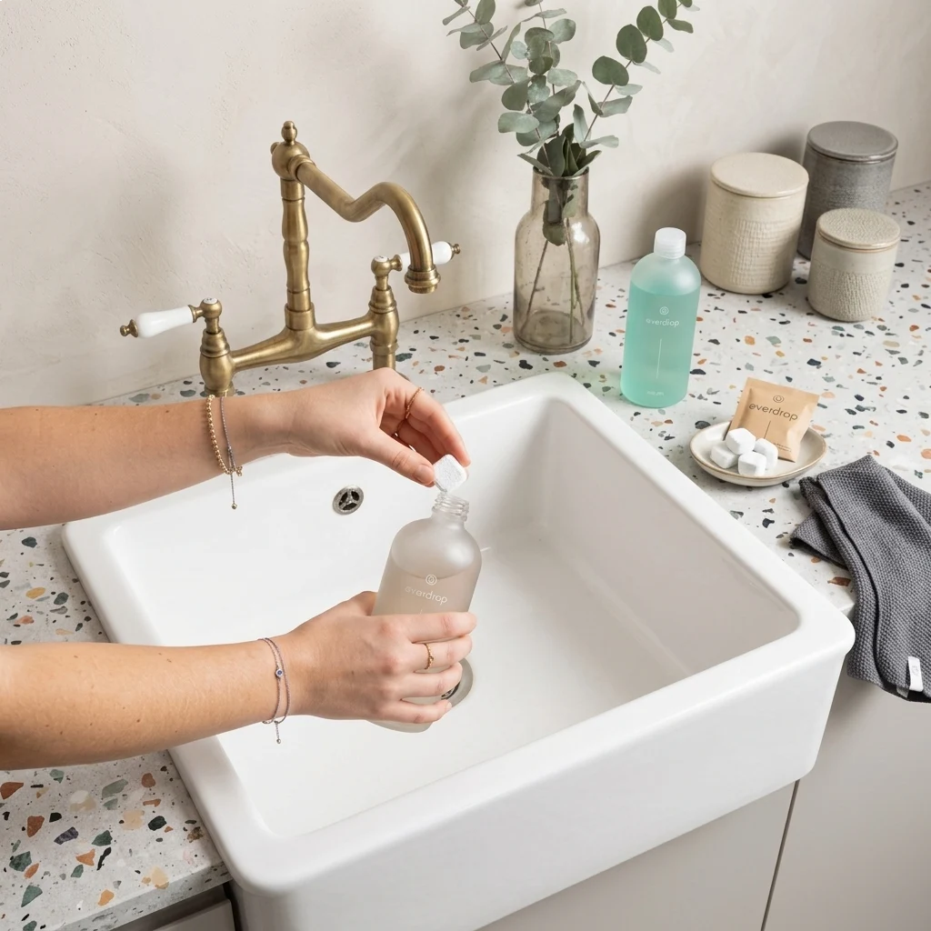 A cleaner wiping down a kitchen countertop with a spray bottle and cloth