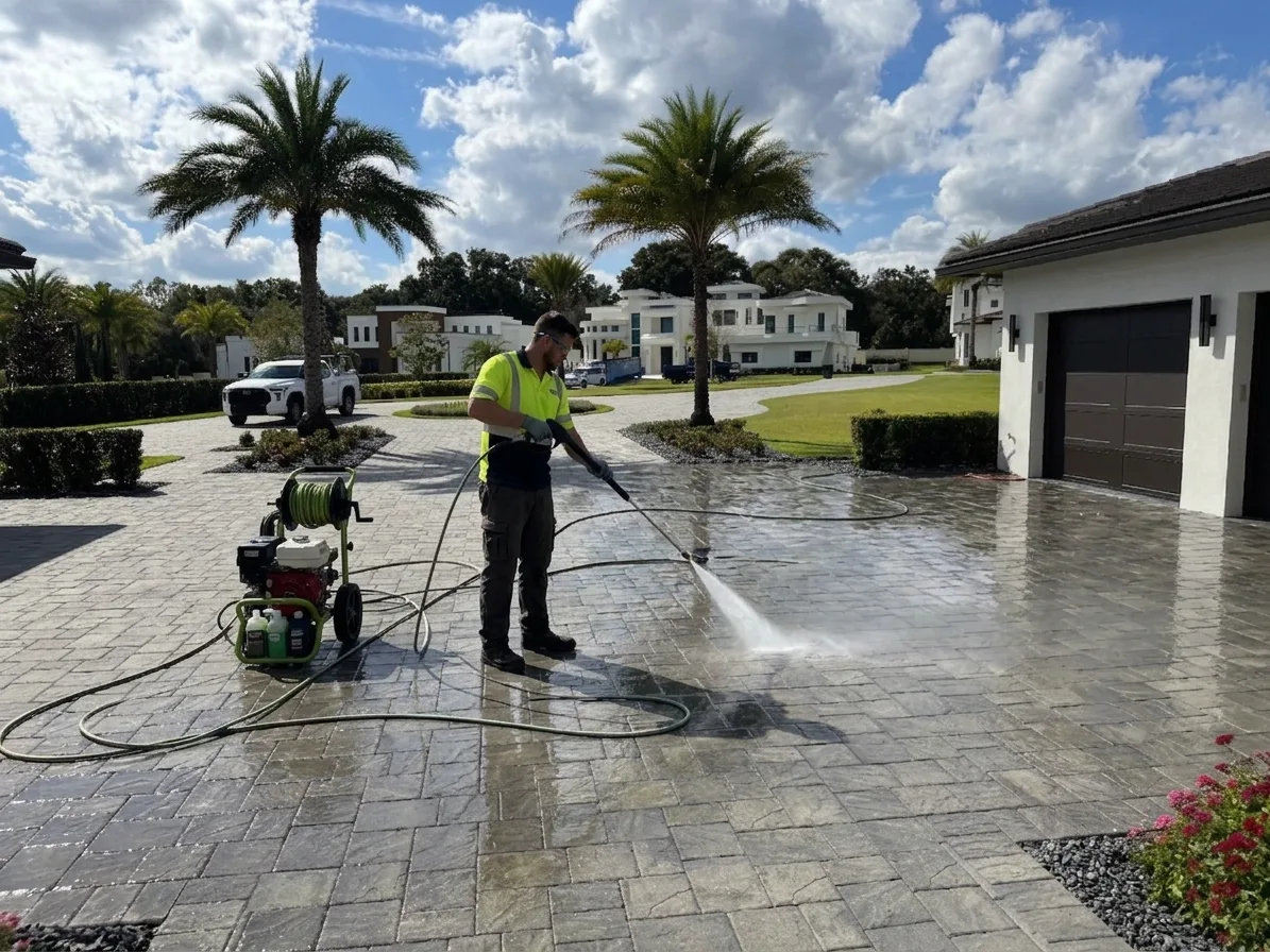 A PG Quality Solutions technician pressure washing a paver driveway