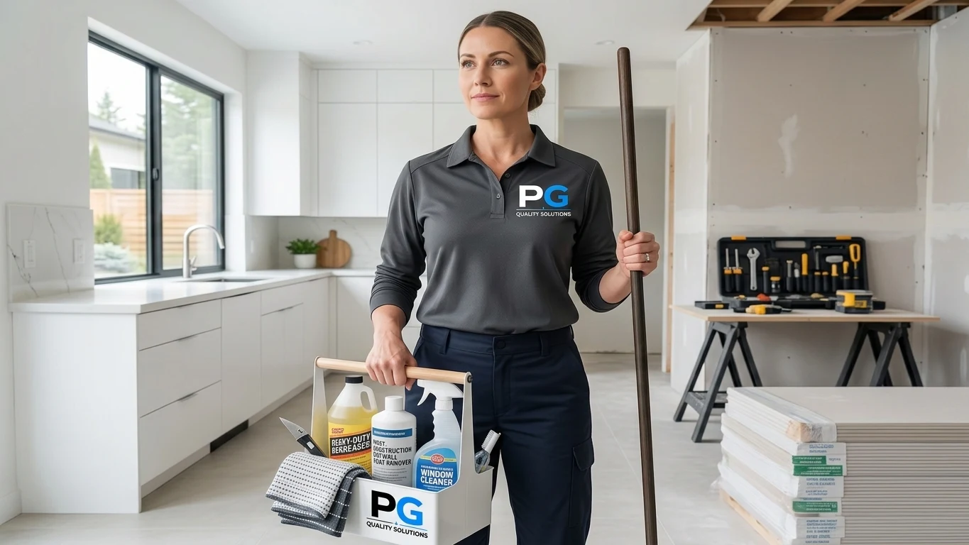 A cleaner in an apron carrying supplies through a home kitchen